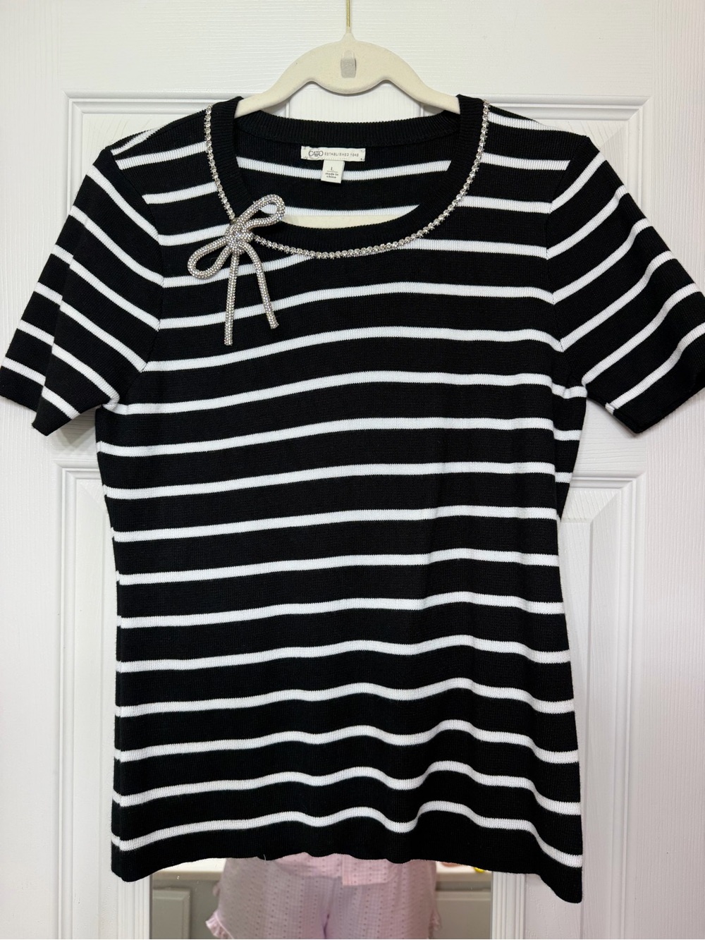 Cato Black and White Striped Short Sleeve Sweater with Rhinestone Bow